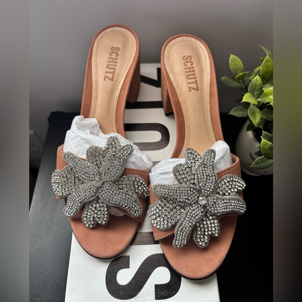 SCHUTZ Tan and Silver Mules with Ornamental Embellishments